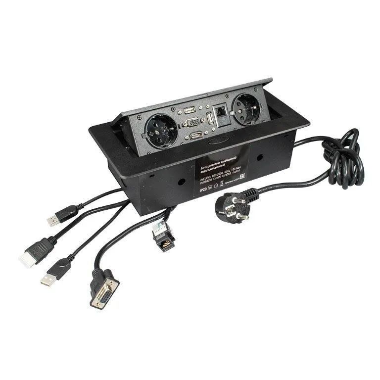 Выдвижной удлинитель, INRIOR F-B на 2 розетки, HDMI, 2 USB, RJ45, VGA