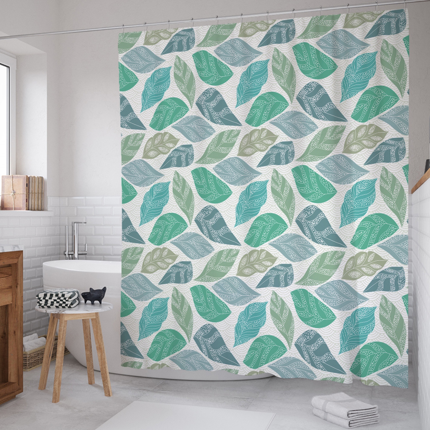 

Штора для ванной JoyArty "Бисерные листья" из сатена, 180х200 см с крючками, Зеленый, Бисерные листья