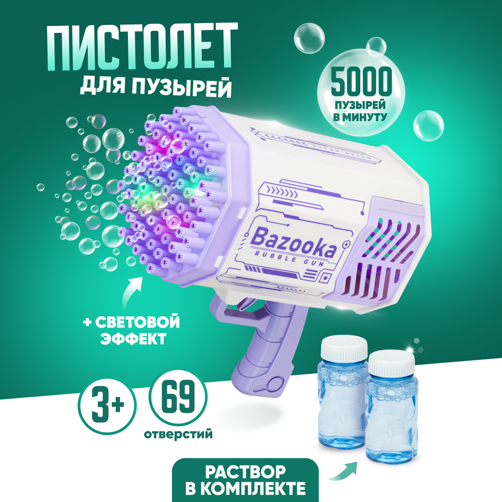 Детский пистолет генератор мыльных пузырей Solmax&Kids со световыми эффектами, фиолетовый ручной вентилятор детский мышка в ассортименте royaldiamond 0853