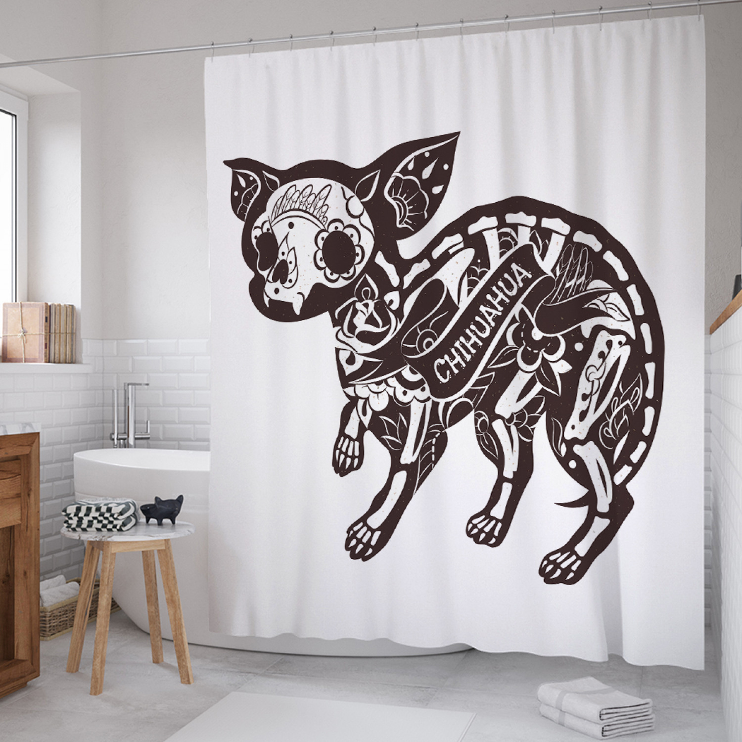 

Штора для ванной JoyArty "Орнаментальная чихуахуа" из сатена, 180х200 см с крючками, Белый, Орнаментальная чихуахуа