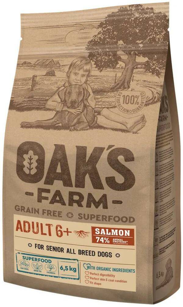 

Сухой корм для собак OAKS FARM GF Adult 6+, лосось, 6,5кг, GF Adult 6+