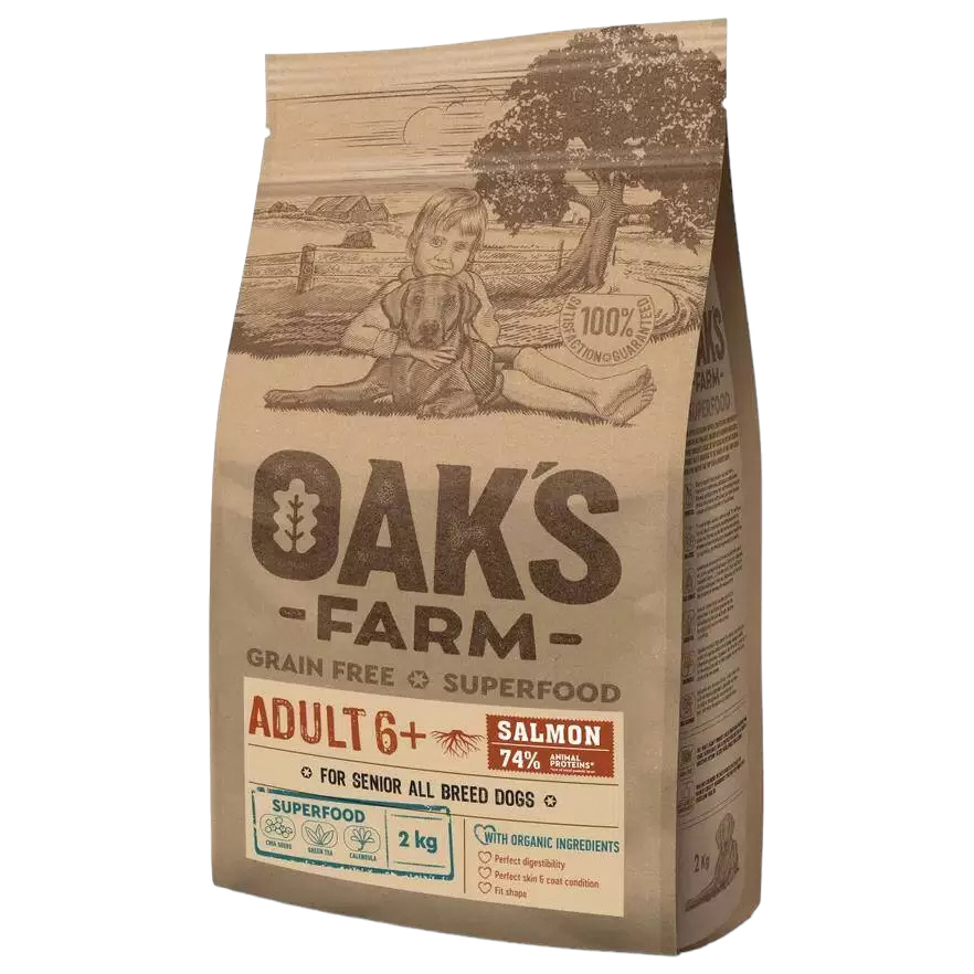

Сухой корм для собак OAKS FARM GF Adult 6+, лосось, 2 кг, GF Adult 6+