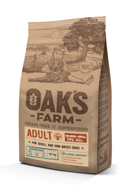 фото Сухой корм для собак oaks farm gf adult, для маленьких пород, лосось, криль 18.2кг