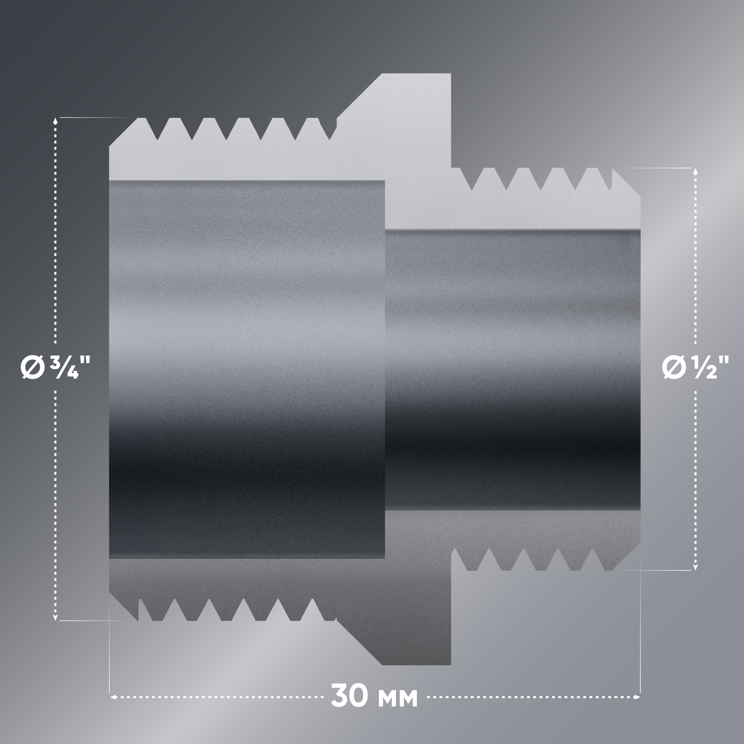 фото Ниппель переходной 1/2"- 3/4" onkron gjsm1-2x3-4 с наружной резьбой, никелированная латунь