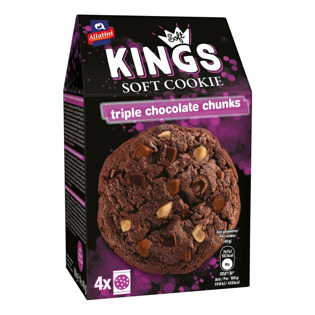 

Печенье Allatini Kings Soft с кусочками горького, белого и молочного шоколада 160 г