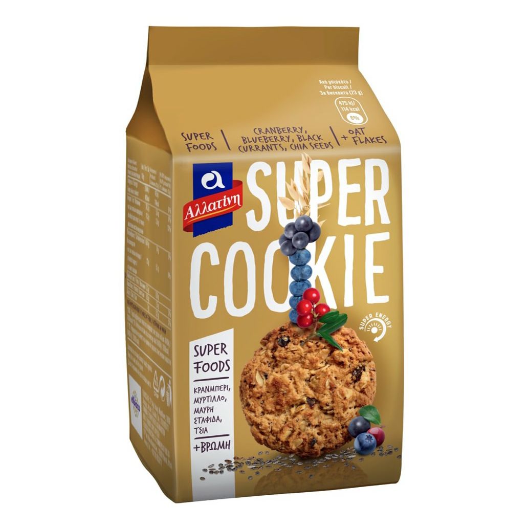 

Печенье Allatini Super Cookie клюква-черника-черный изюм-семена чиа-овсяные хлопья 180 г