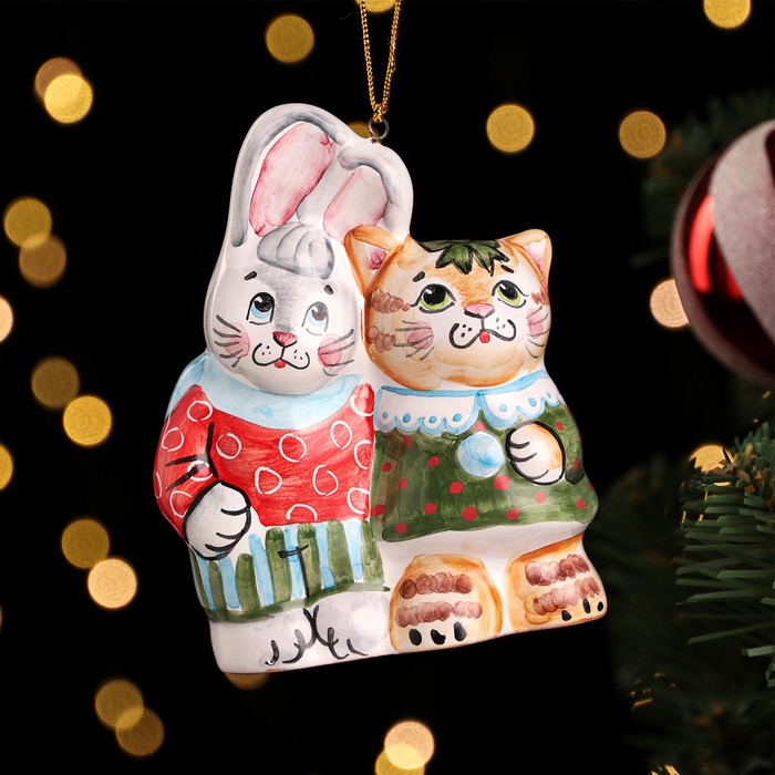 

Елочная игрушка Заяц с котом колокольчик