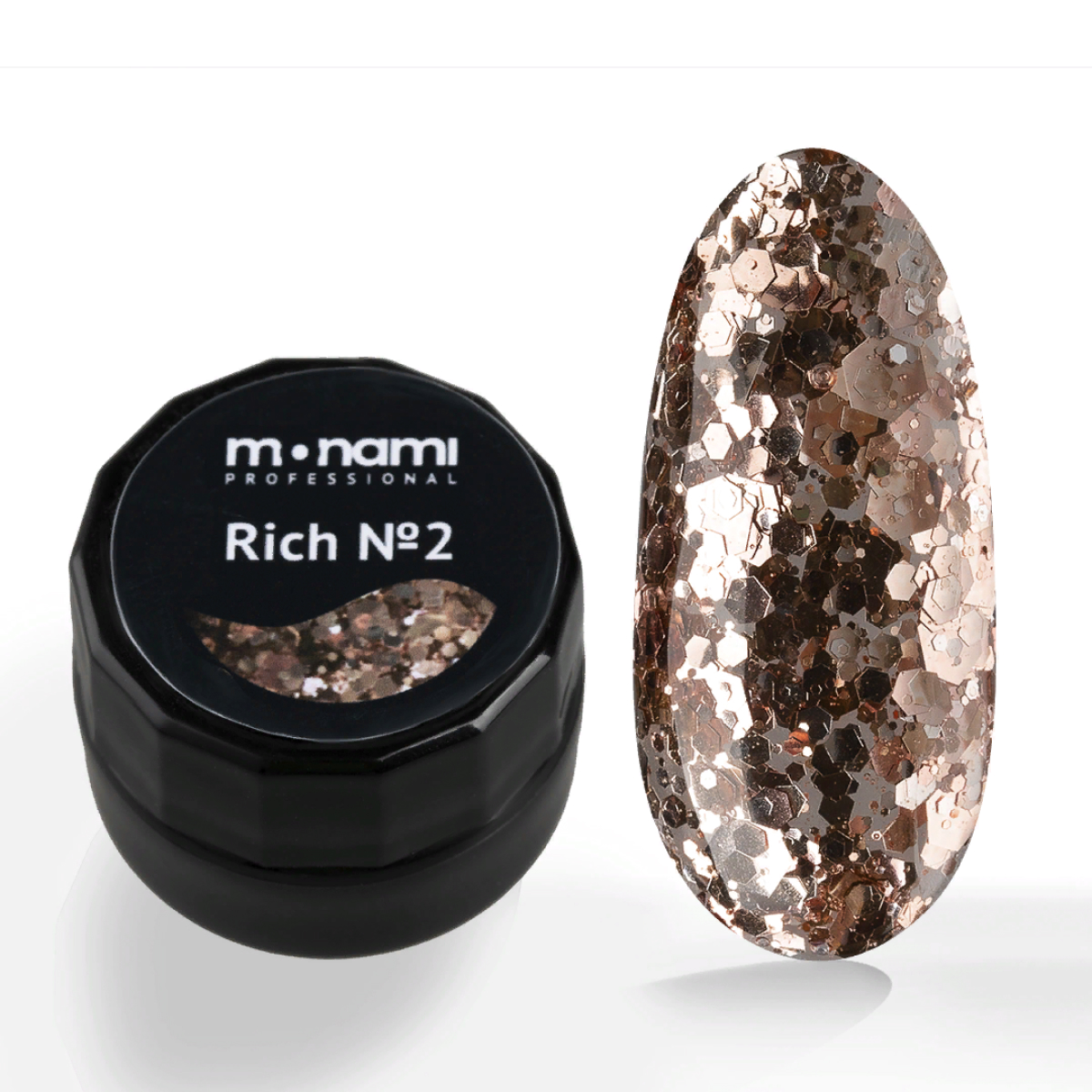 Гель-лак для ногтей Monami Rich с бронзовыми блестками разного размера №2, 5 мл серебряные осколки