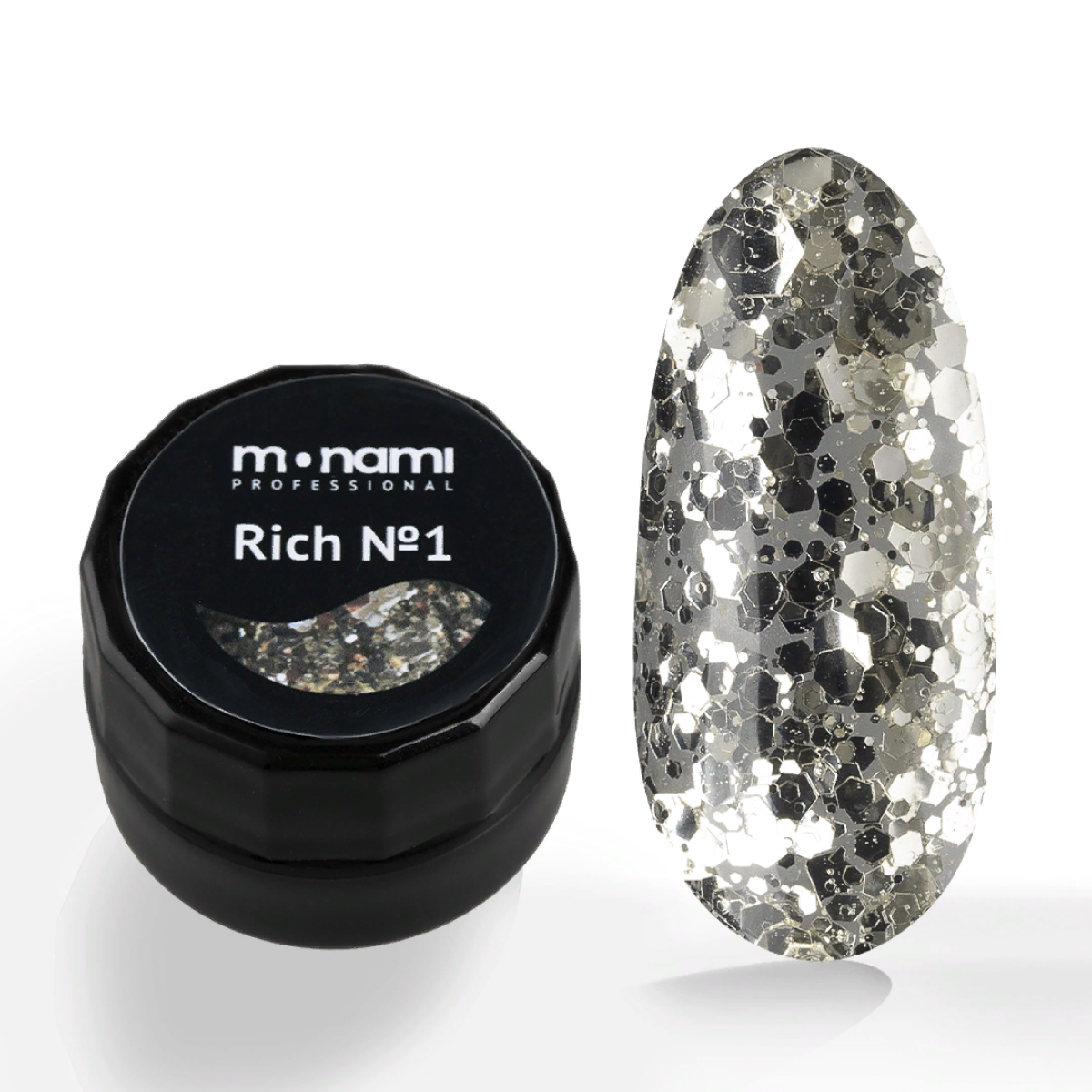 Гель-лак для ногтей Monami, с серебряными блестками разного размера Rich №1 посыпка кондитерская с глиттером блеск серебро 50 г