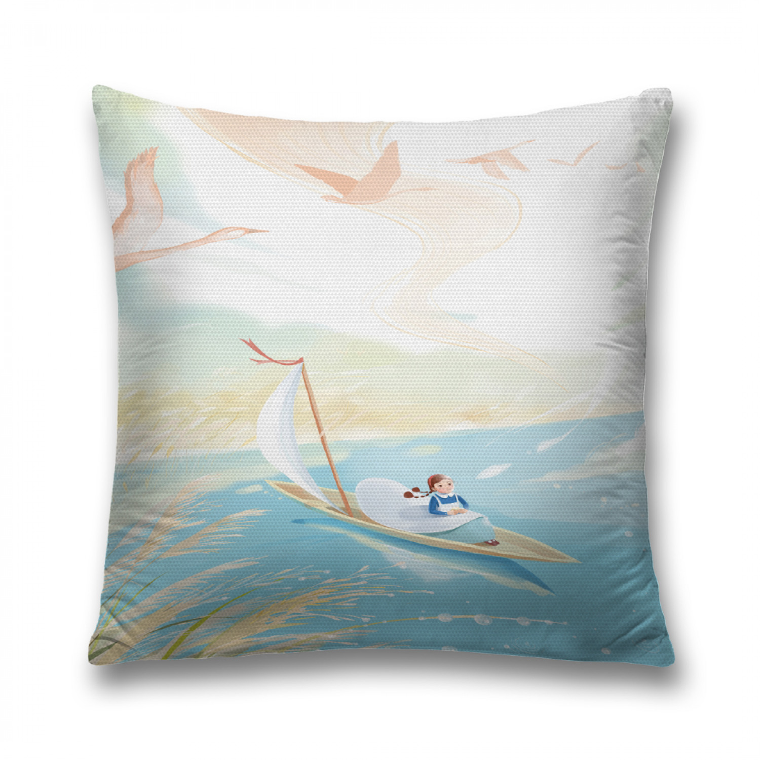 

Наволочка декоративная JoyArty "Стерхи над парусником" на молнии, 45x45 см, Голубой, Стерхи над парусником
