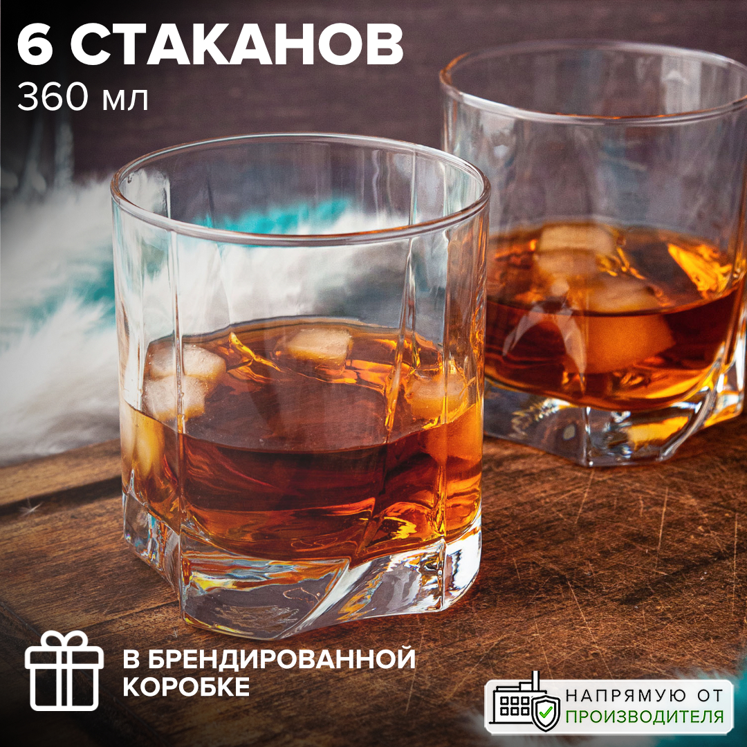 

Стаканы низкие стеклянные 360 мл набор 6 шт., Прозрачный, 42348