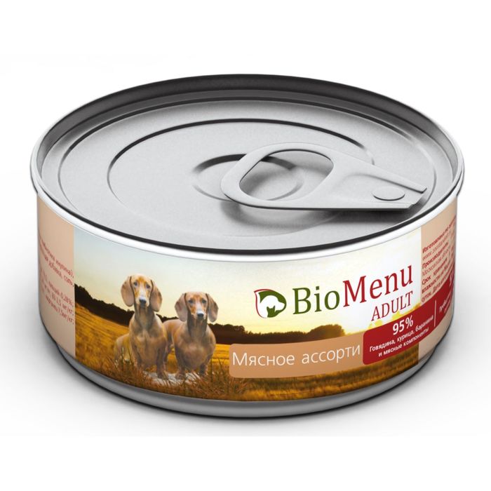 

Консервы ADULT для собак мясное ассорти 95%-мясо, 100гр
