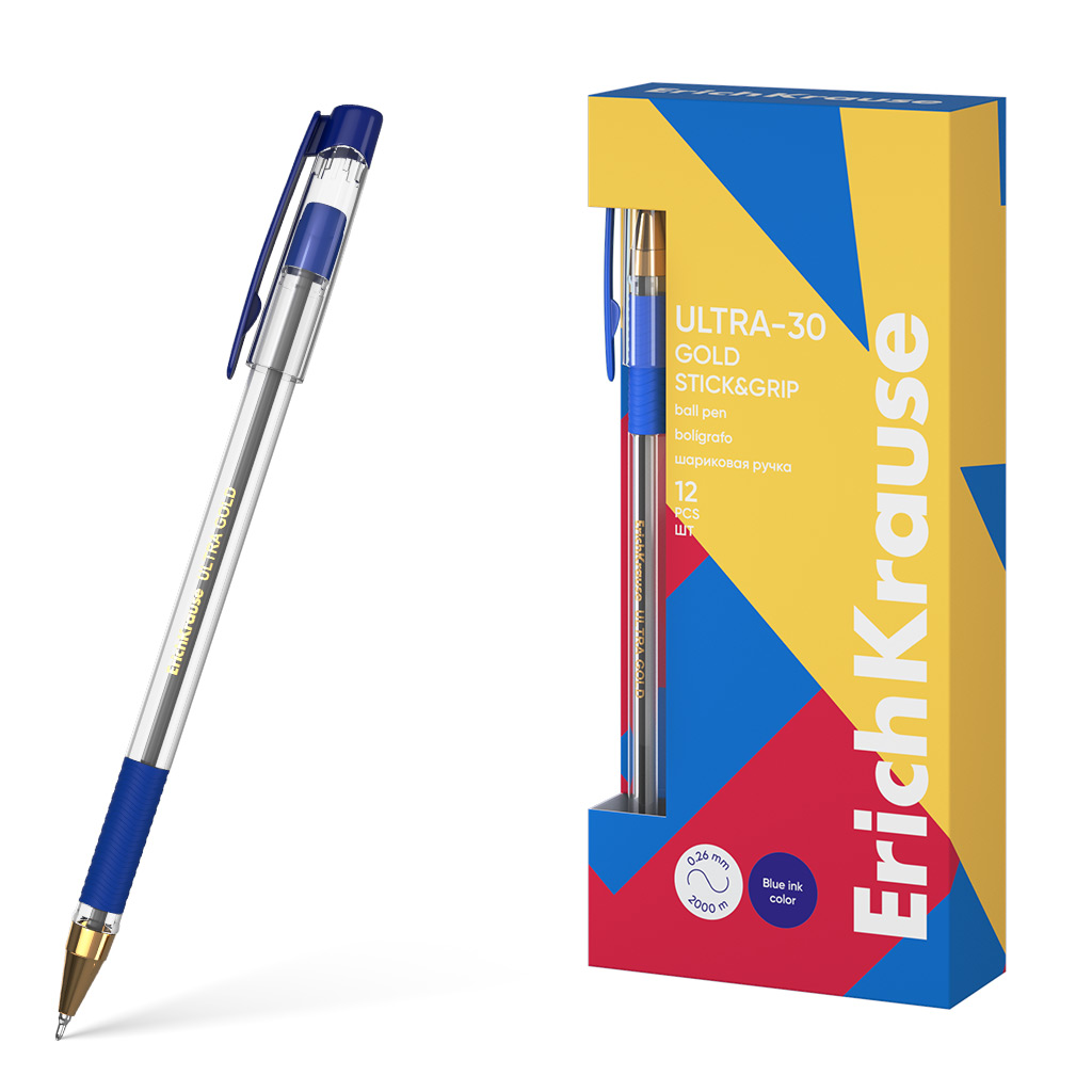 

Ручка шариковая ErichKrause ULTRA-30 Gold Stick&Grip Classic 0.7, синий, 12 шт