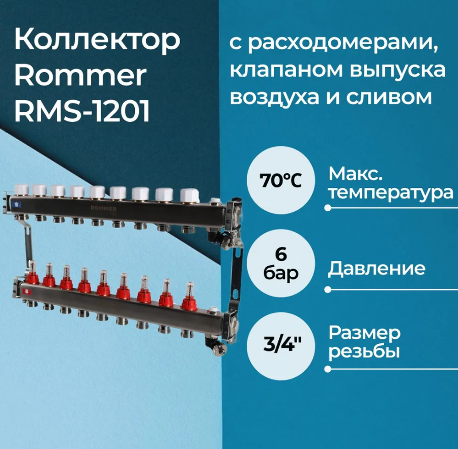 Коллектор Rommer RMS-1201 с расходомерами, клапаном выпуска воздуха и сливом на 9 выходов