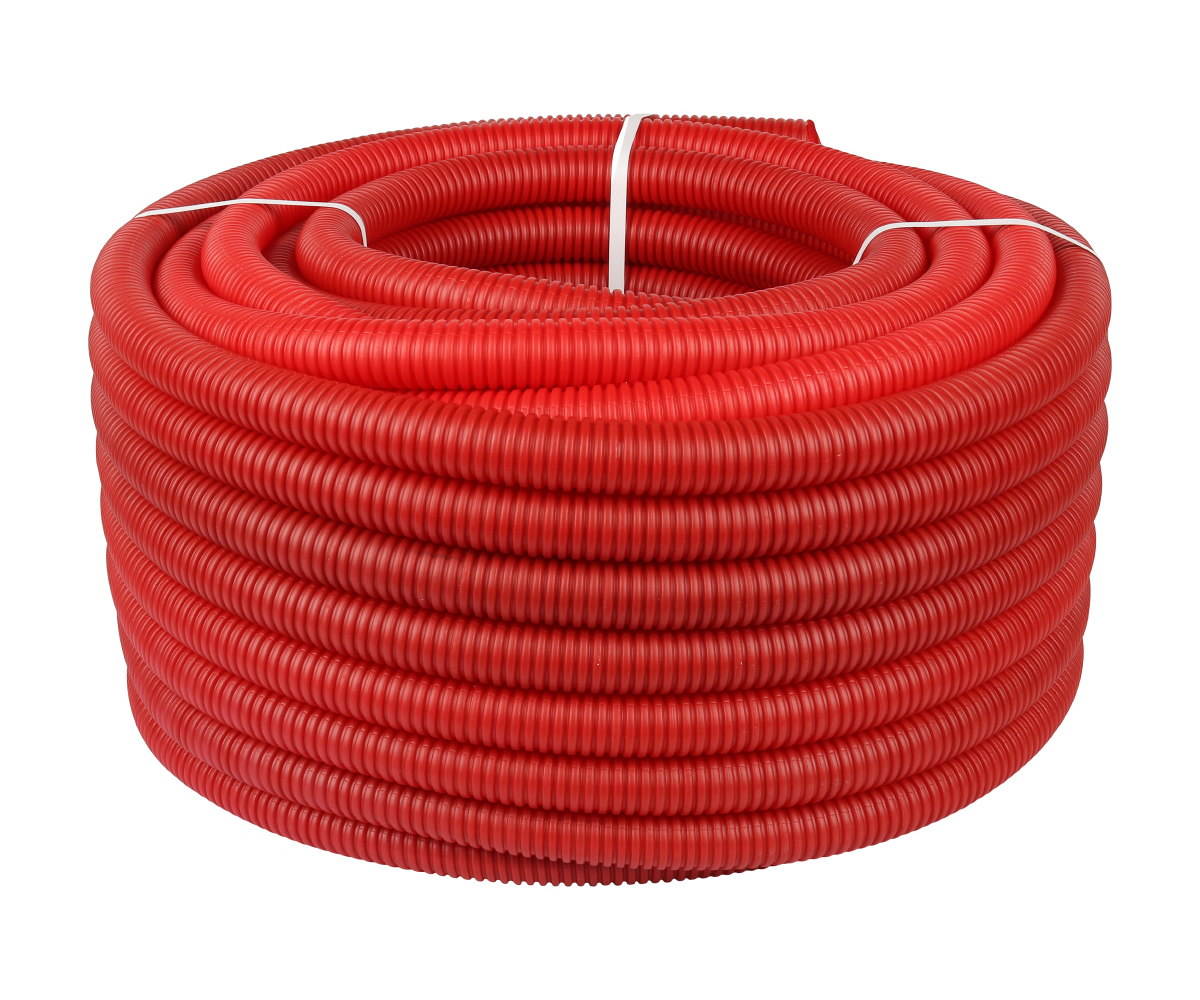 Труба гофрированная STOUT ПНД, цвет красный, 25 мм для труб диаметром 16-22 мм бухта 50м угольник для металлопластиковых труб stout