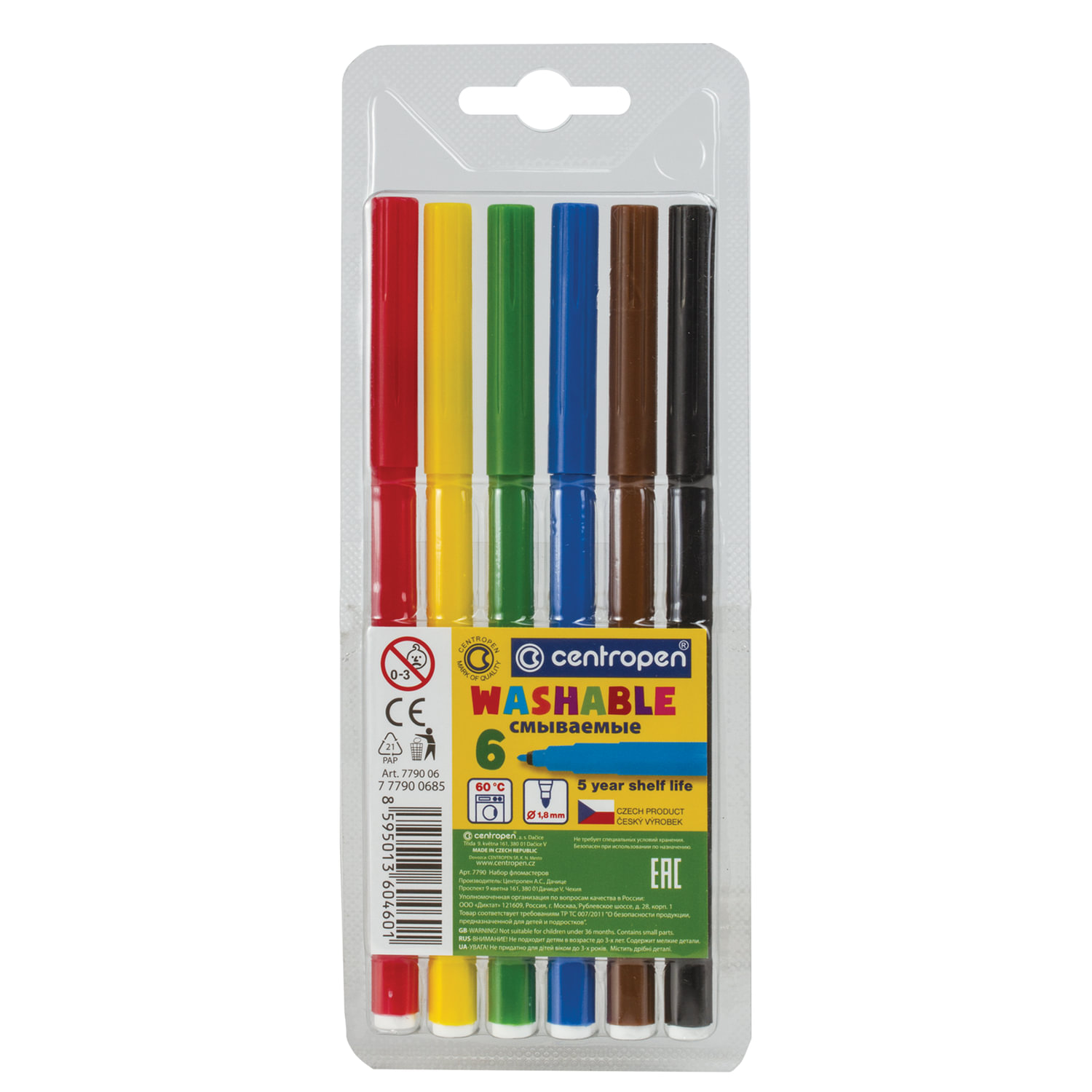 

Фломастеры Centropen Washable, 6 цветов, 5 шт, Разноцветный, Washable