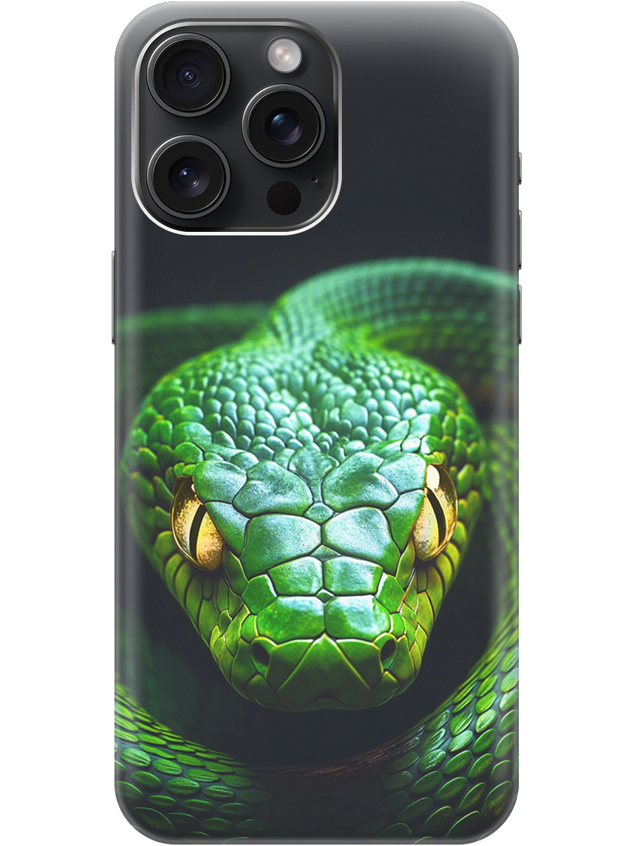 

Силиконовый чехол на Apple iPhone 15 Pro Max с принтом "Зеленая змея", Прозрачный;черный;серебристый;зеленый, 775148113