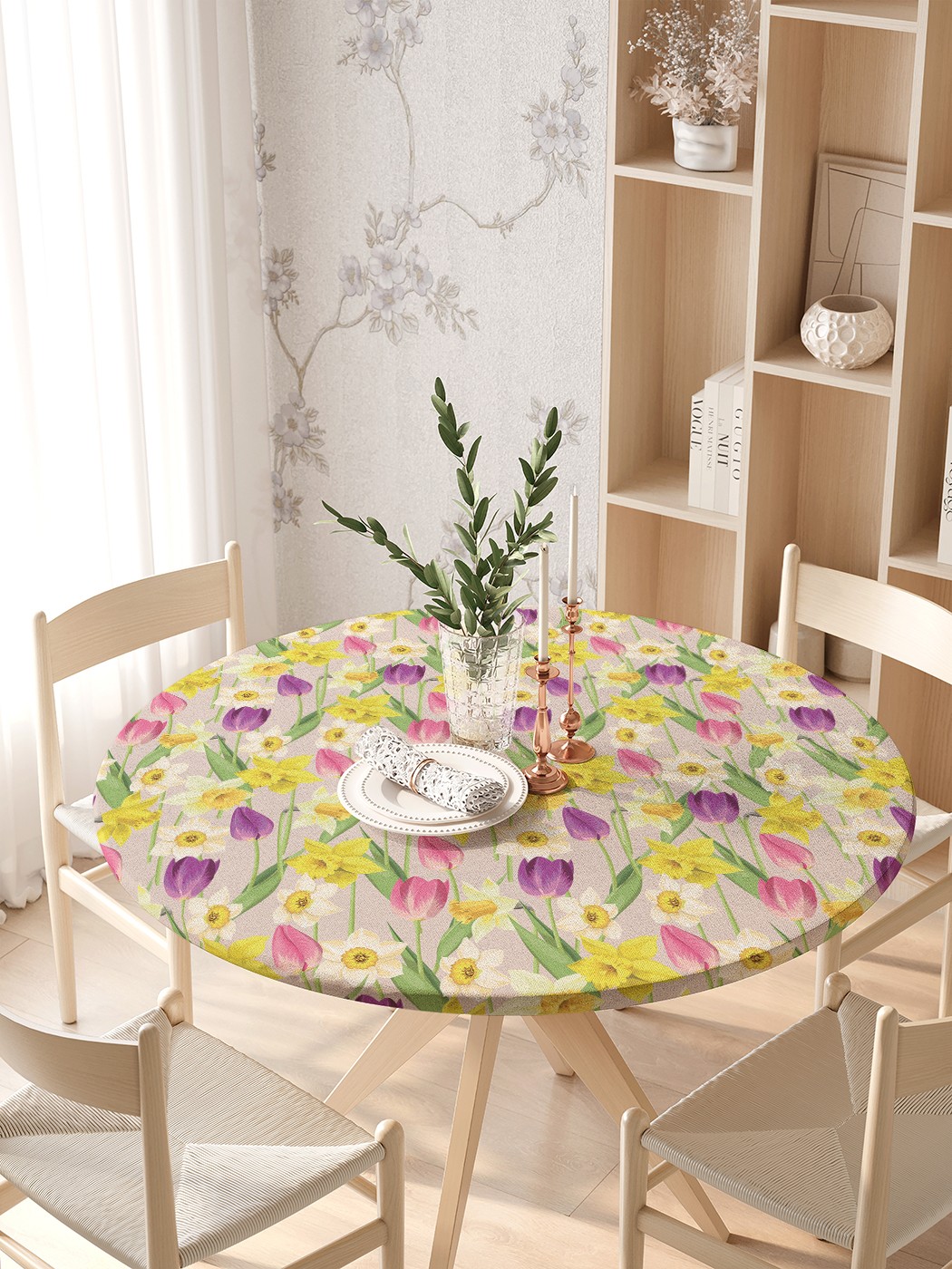 

Круглая кухонная скатерть на резинке JoyArty, на круглый стол диаметром 105-120 см, Зеленый, Тюльпановый рай