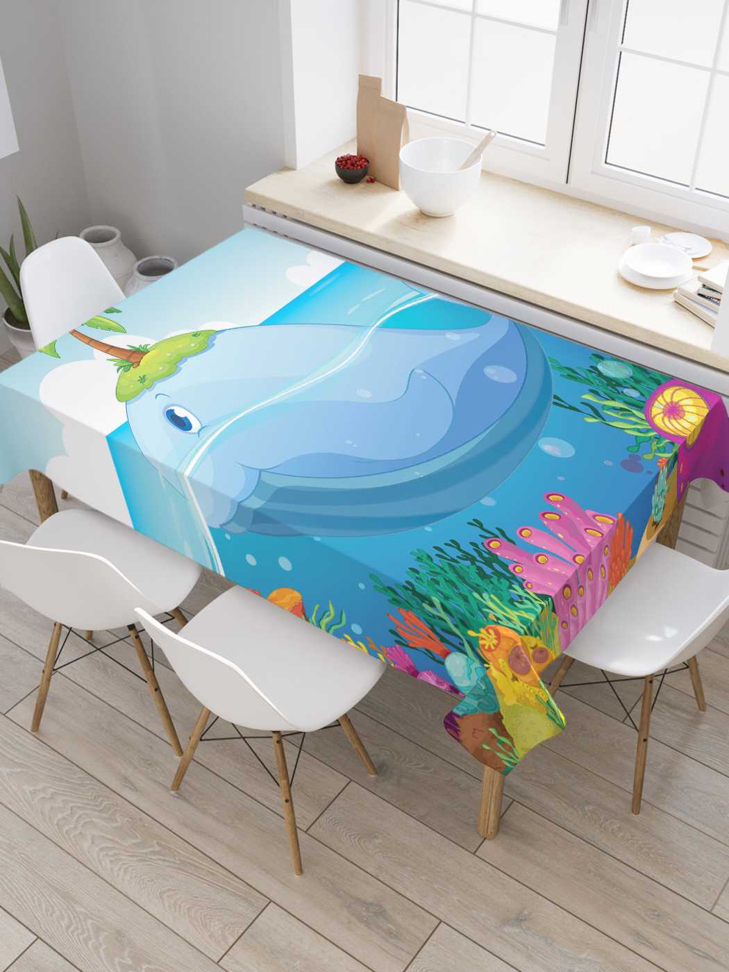 

Скатерть прямоугольная JoyArty "Китовый остров" из сатена, 120x145 см, Китовый остров