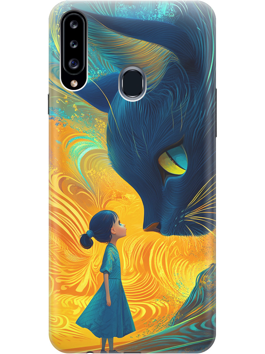 

Силиконовый чехол на Samsung Galaxy A20s с принтом "Девочка и кот", Прозрачный;желтый;синий, 722003385