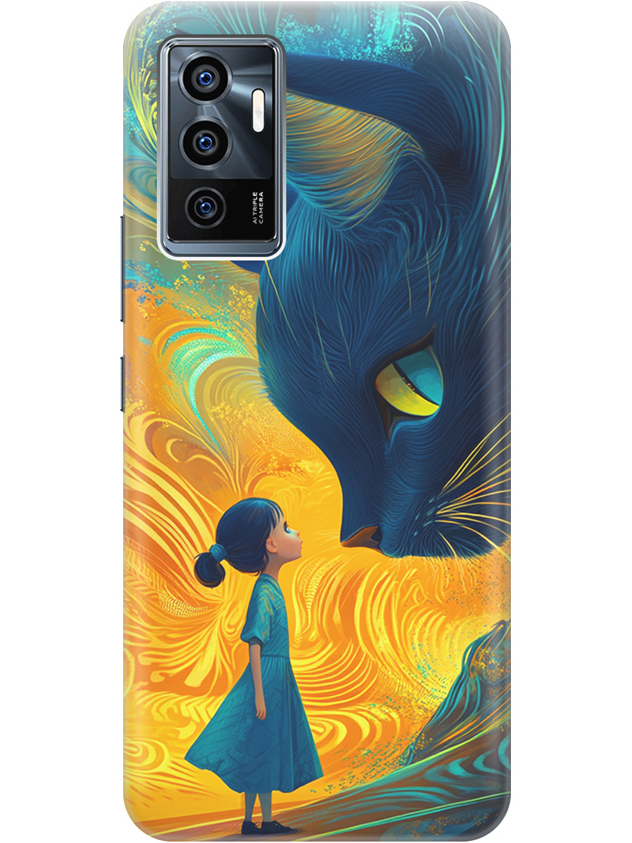

Силиконовый чехол на Vivo V23e с принтом "Девочка и кот", Прозрачный;желтый;синий, 743438085