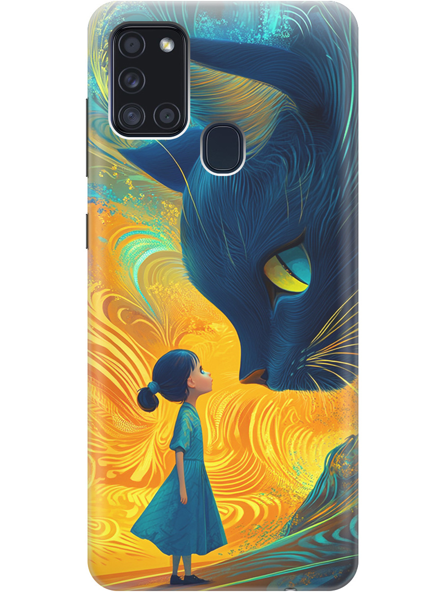 

Силиконовый чехол на Samsung Galaxy A21s с принтом "Девочка и кот", Прозрачный;желтый;синий, 723009385