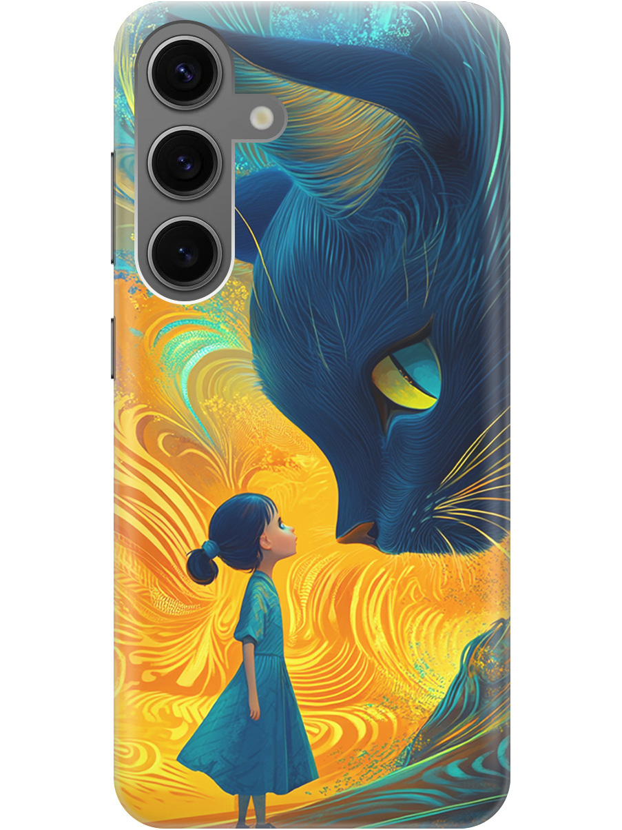 

Силиконовый чехол на Samsung Galaxy S24 с принтом "Девочка и кот", Прозрачный;желтый;синий, 779825785