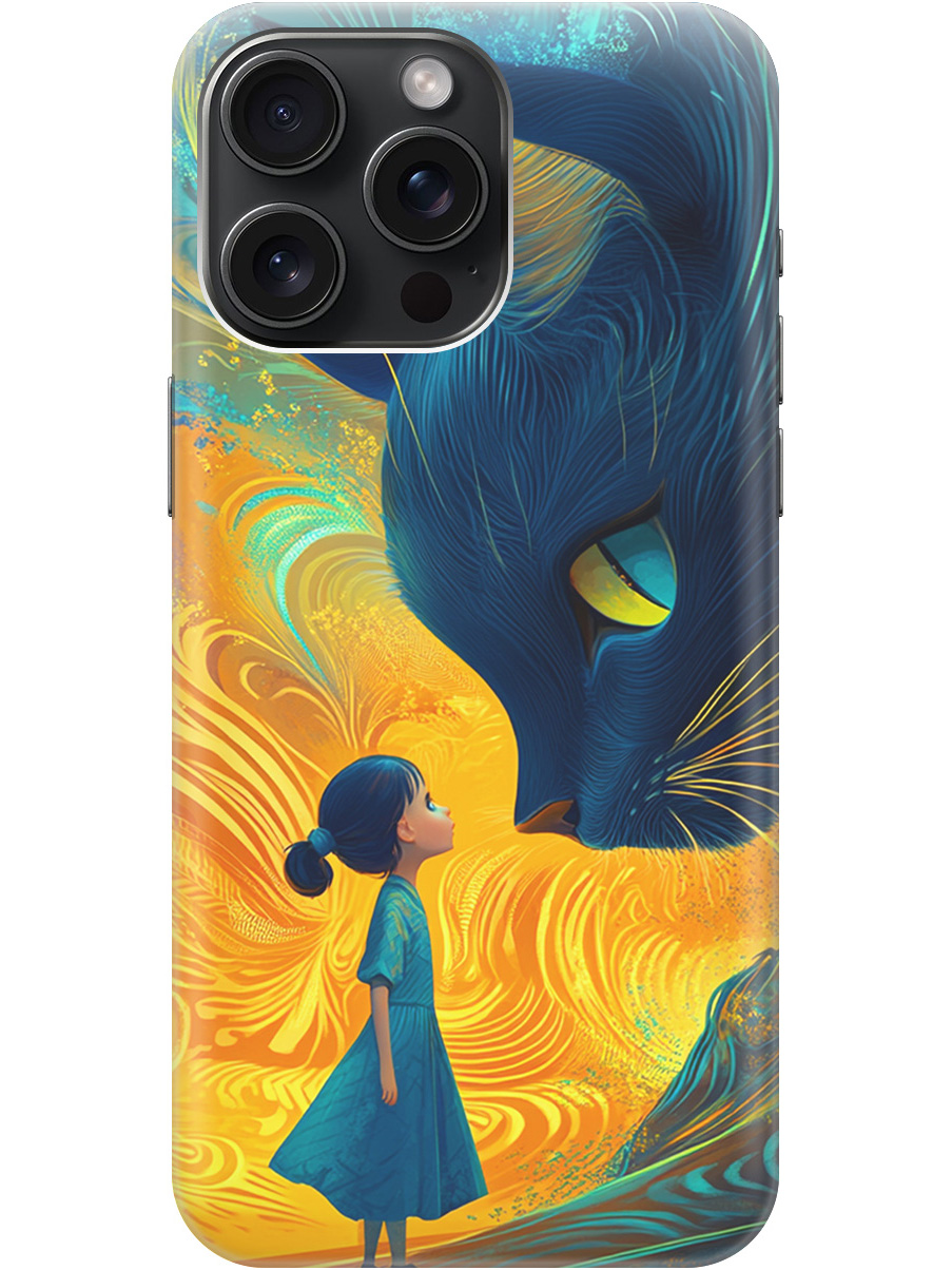 

Силиконовый чехол на Apple iPhone 15 Pro Max с принтом "Девочка и кот", Прозрачный;желтый;синий, 775148185
