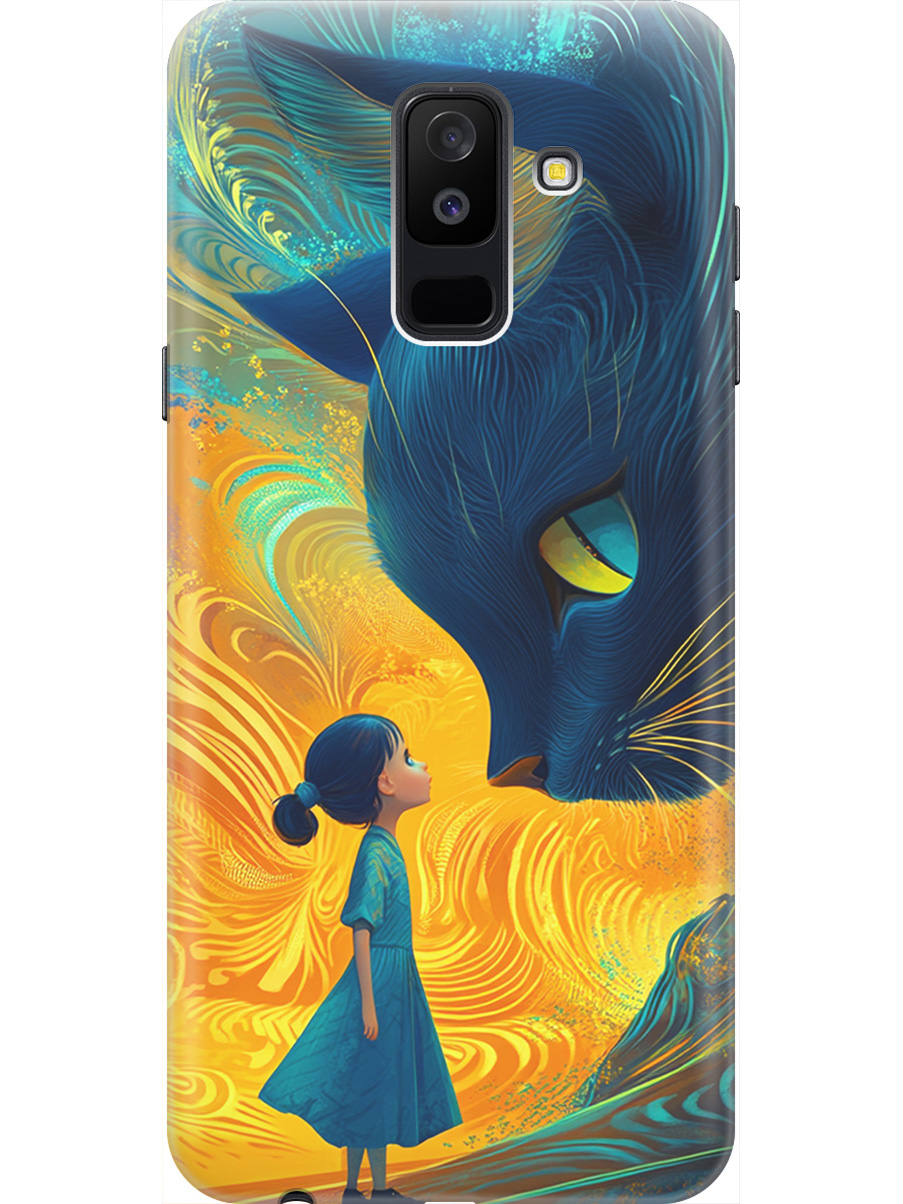 

Силиконовый чехол на Samsung Galaxy A6+ (2018) с принтом "Девочка и кот", Прозрачный;желтый;синий, 717872185
