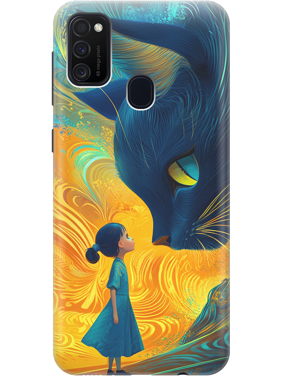 

Силиконовый чехол на Samsung Galaxy M21 / M30s с принтом "Девочка и кот", Прозрачный;желтый;синий, 723067685