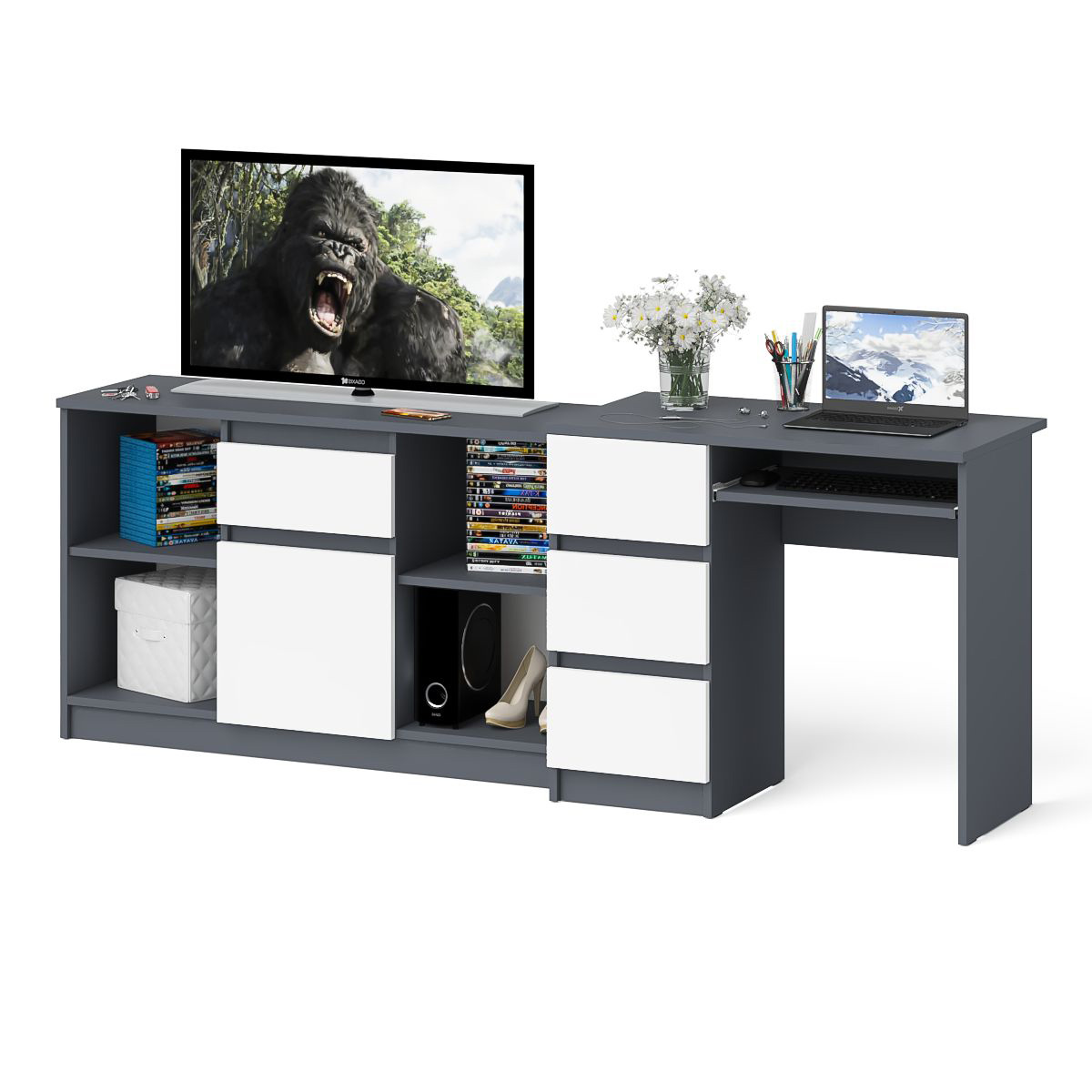 

Стол компьютерный СВК Мори МС-6 левый с тумбой 1204-1 графит/белый, 210х50х77 см, МС-6Л+МТВ1204.1-ГБ