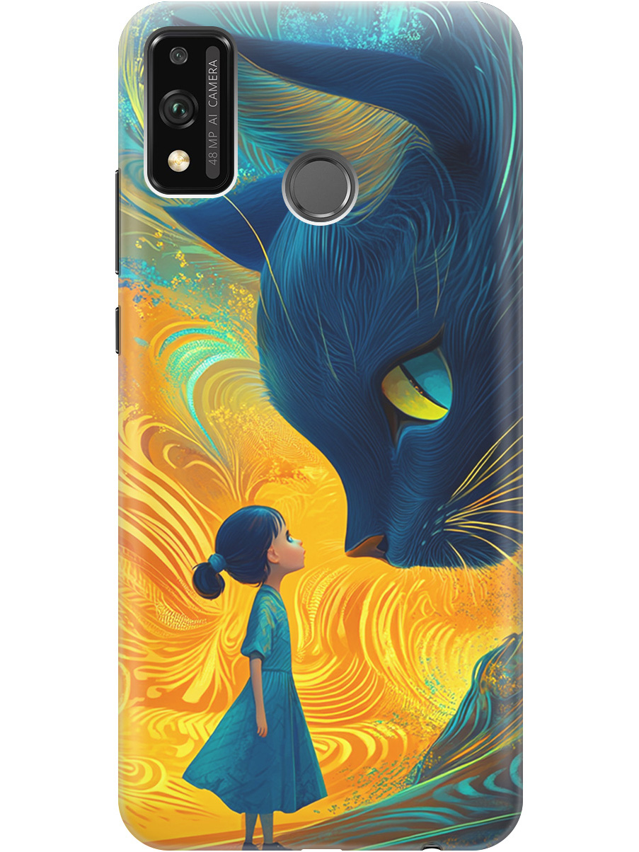 

Силиконовый чехол на Honor 9X Lite с принтом "Девочка и кот", Прозрачный;желтый;синий, 723565485