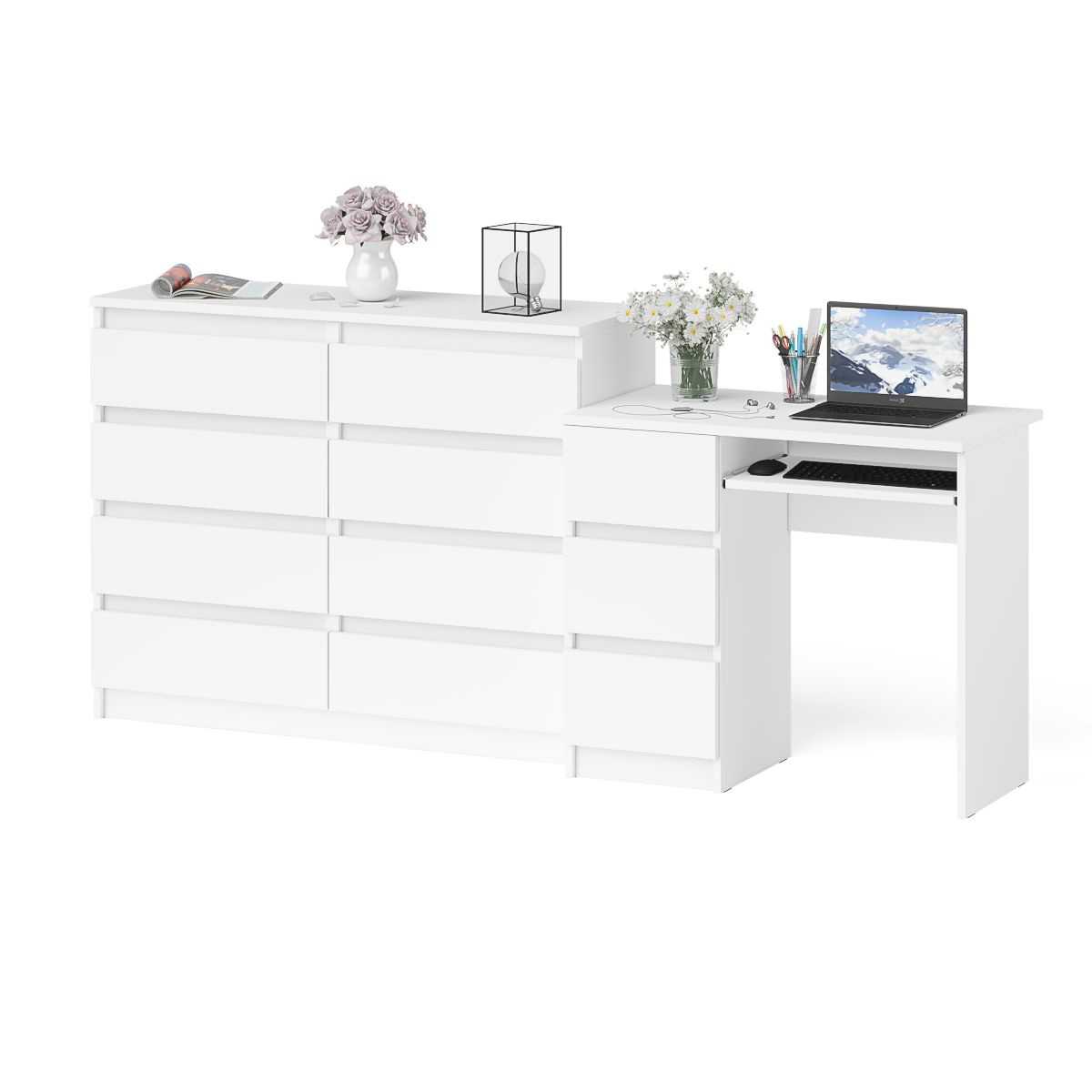 

Комод СВК Мори 1200-8 и стол компьютерный МС-6Лбелый, 210х50х94 см, МС-6Л+МК1200.8-БЛ