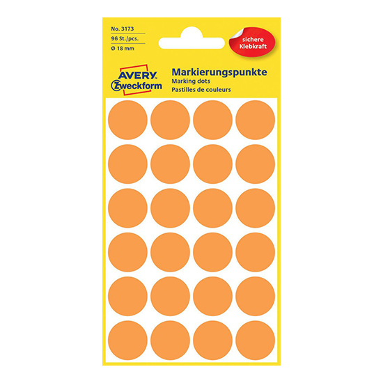 Этикетки точки Avery Zweckform, оранжевый неон, диаметр 18 мм (96 этикеток)