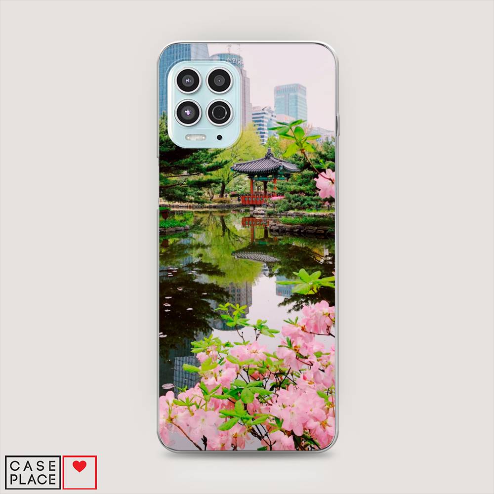 

Чехол на Motorola Moto G100 "Сакура возле озера", Зеленый;розовый;голубой, 241650-2