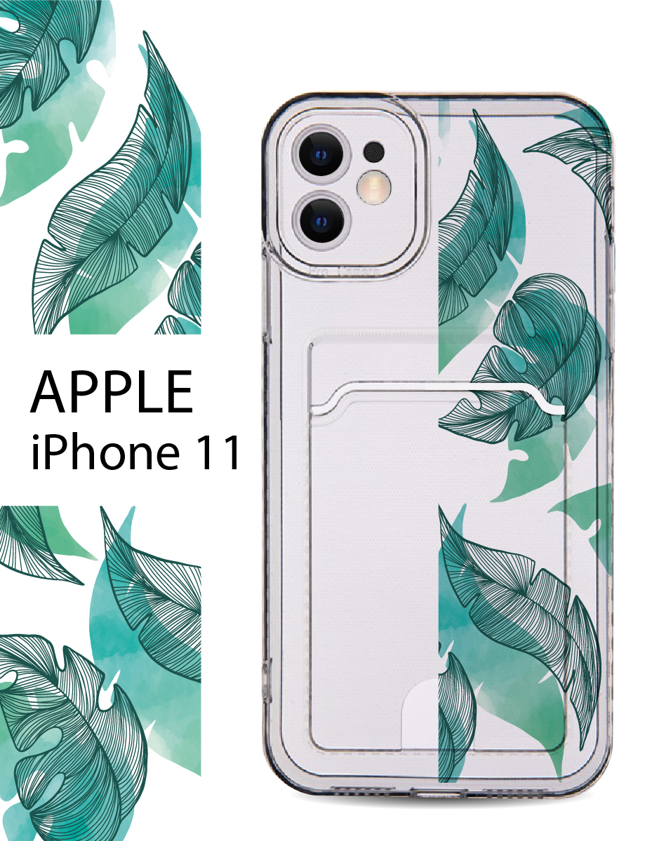 

Чехол на Apple iPhone 11 с карманом для банковской карты и принтом, Зеленый;черный, Apple iPhone 11