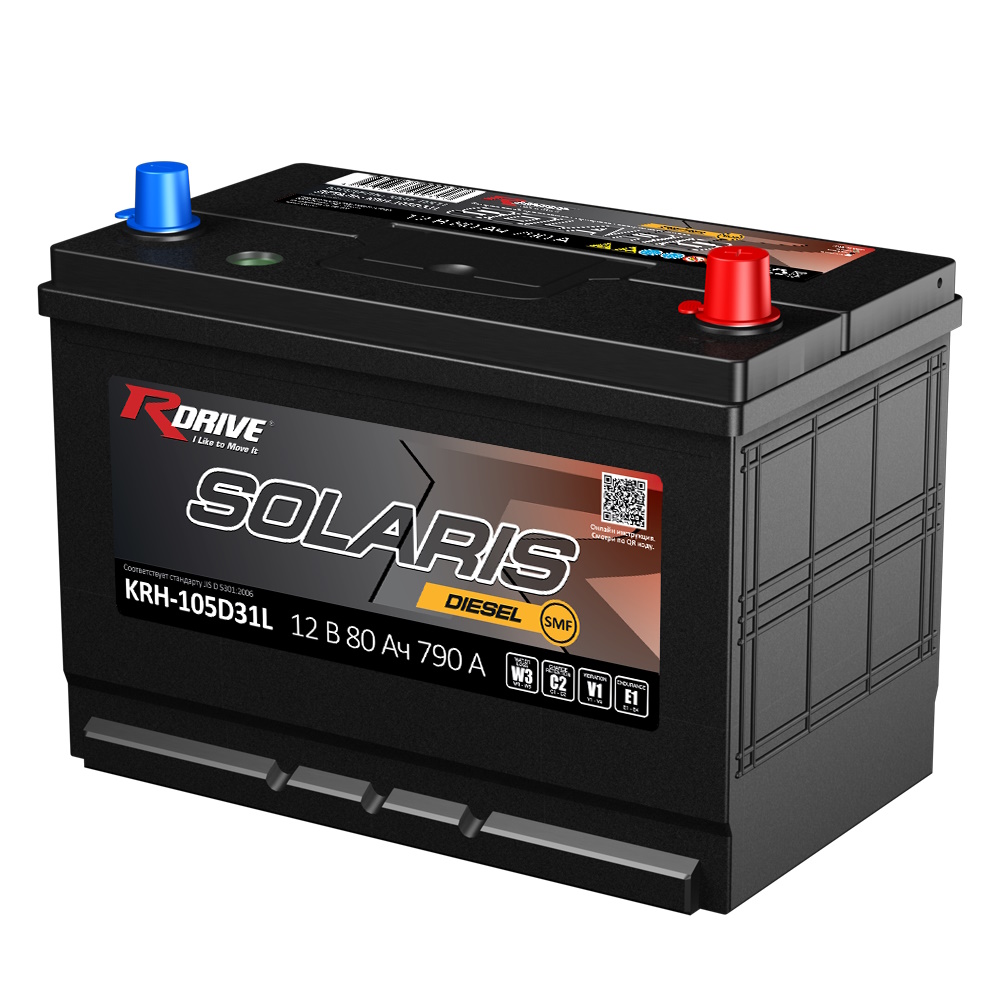 

Аккумулятор RDRIVE SOLARIS 105D31L (12В 80Ач 790А 302х172х220мм) обр.пол., 105D31L