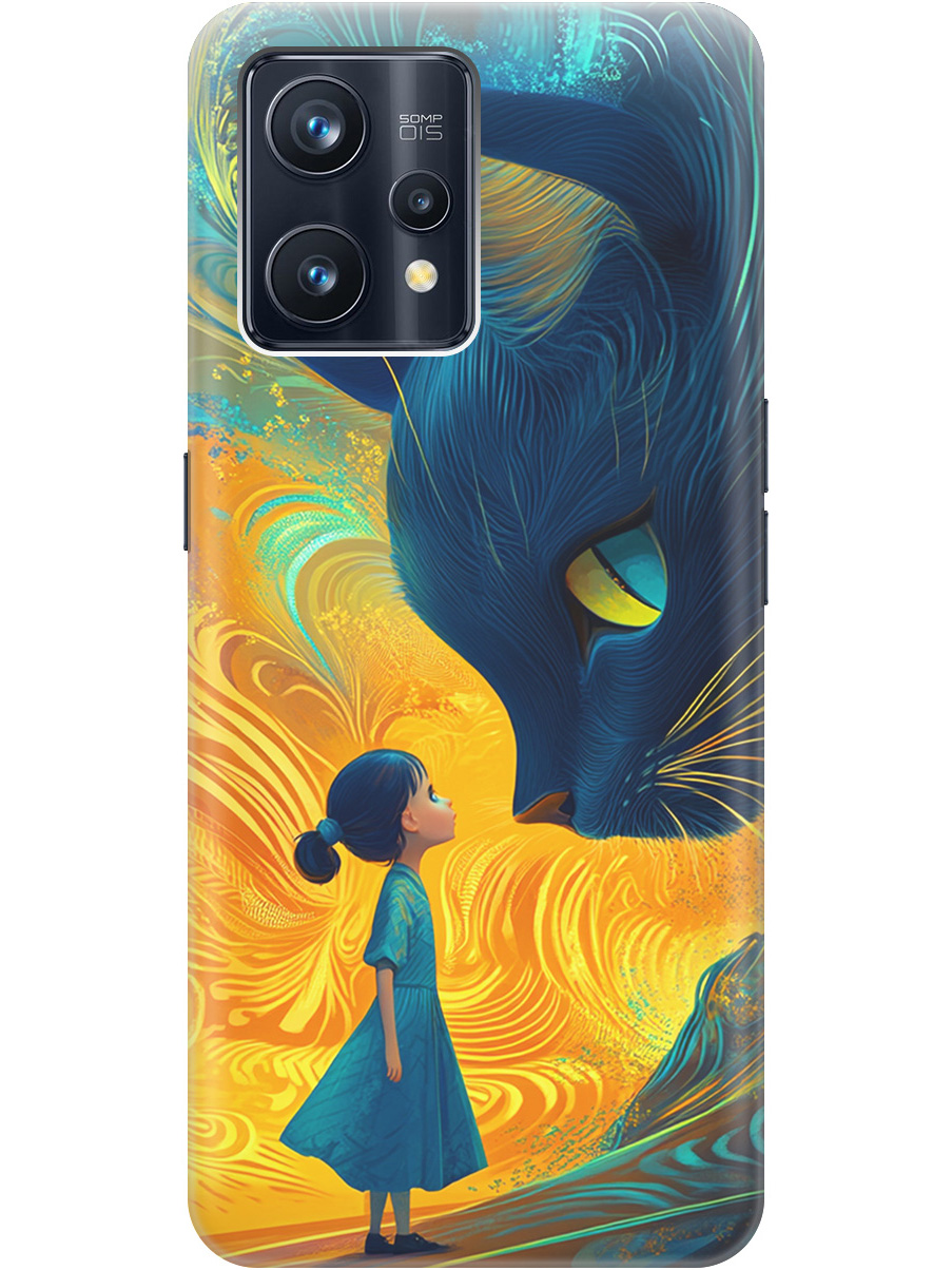 

Силиконовый чехол на Realme 9 Pro+ с принтом "Девочка и кот", Прозрачный;желтый;синий, 740189685