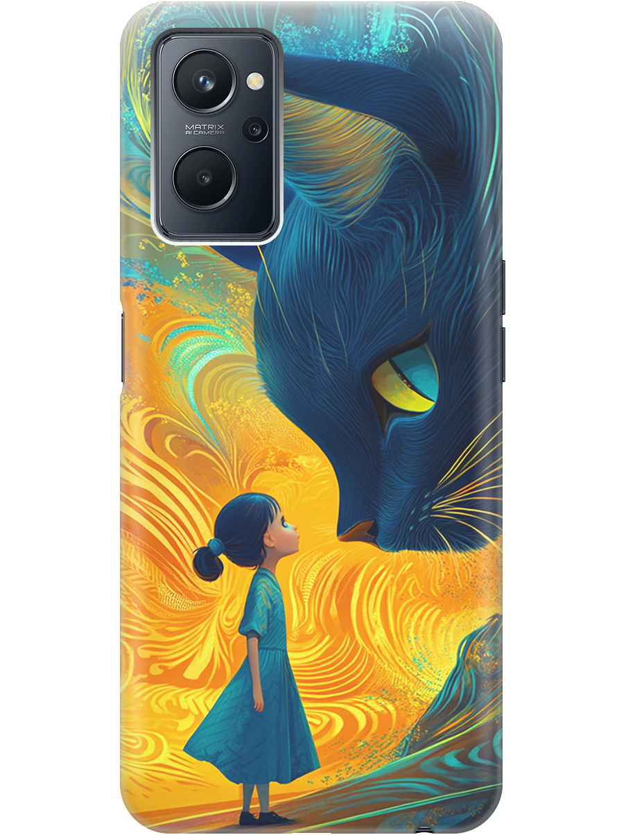 

Силиконовый чехол на Realme 9i с принтом "Девочка и кот", Прозрачный;желтый;синий, 740189485