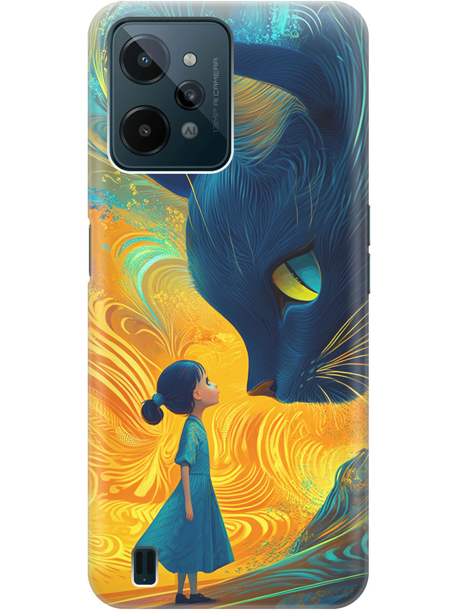 

Силиконовый чехол на realme C31 с принтом "Девочка и кот", Прозрачный;желтый;синий, 766400385
