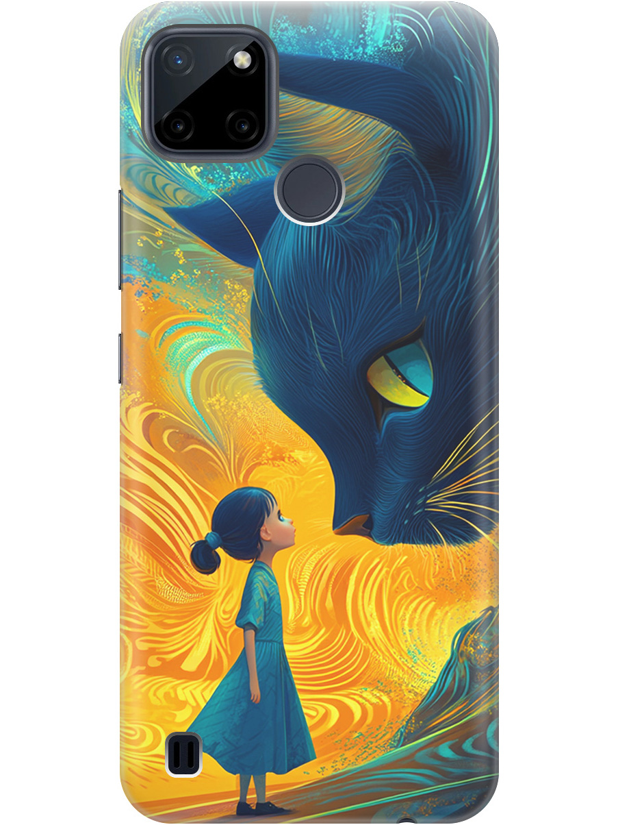 

Силиконовый чехол на Realme C21Y с принтом "Девочка и кот", Прозрачный;желтый;синий, 735001185