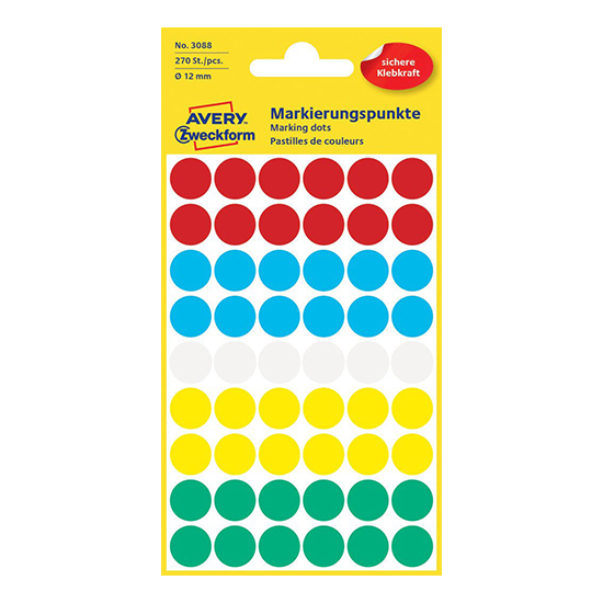 Цветные этикетки-точки Avery Zweckform, диаметр 12 мм (270 этикеток)