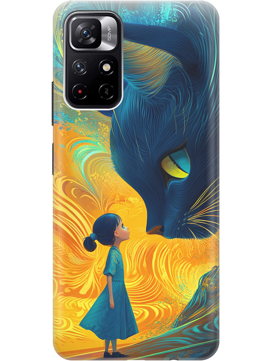 

Силиконовый чехол на Xiaomi Poco M4 Pro 5G с принтом "Девочка и кот", Прозрачный;желтый;синий, 734580785