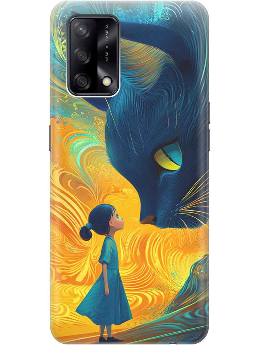 

Силиконовый чехол на OPPO A74 с принтом "Девочка и кот", Прозрачный;желтый;синий, 726147285