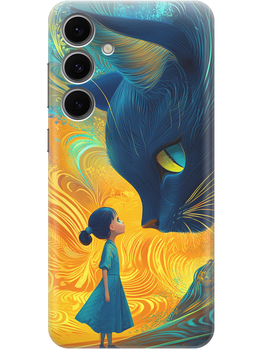 

Силиконовый чехол на Samsung Galaxy S24 FE с принтом "Девочка и кот", Прозрачный;желтый;синий, 786718185