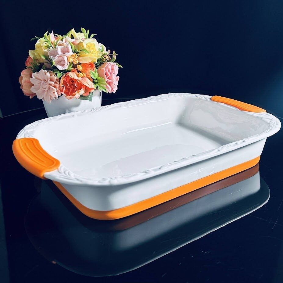 

Прямоугольное блюдо для запекания Lenardi 385х245х65см с ручками фарфор силикон, Белый