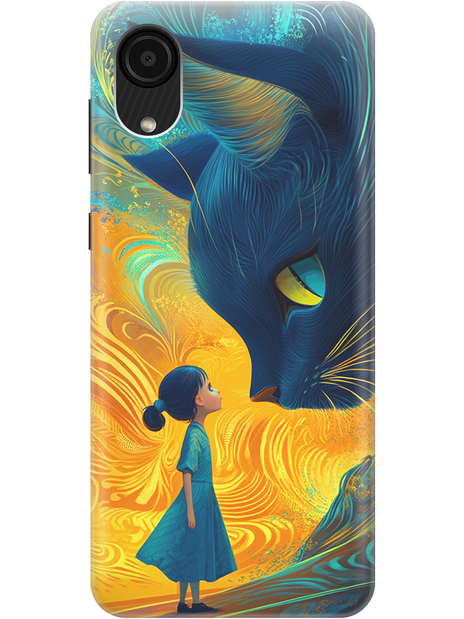 

Силиконовый чехол на Samsung Galaxy A03 Core с принтом "Девочка и кот", Прозрачный;желтый;синий, 735001285