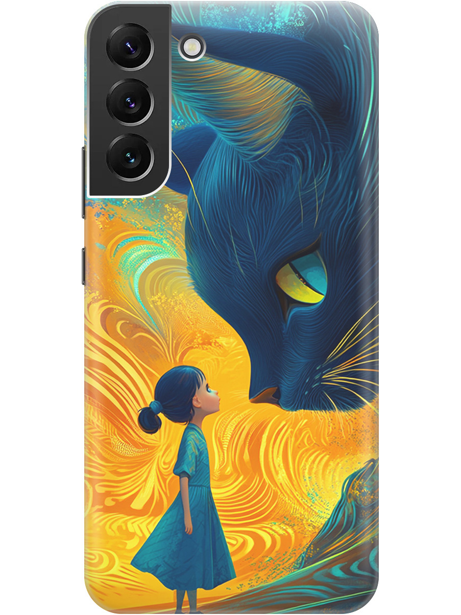 

Силиконовый чехол на Samsung Galaxy S22+ с принтом "Девочка и кот", Прозрачный;желтый;синий, 735250085