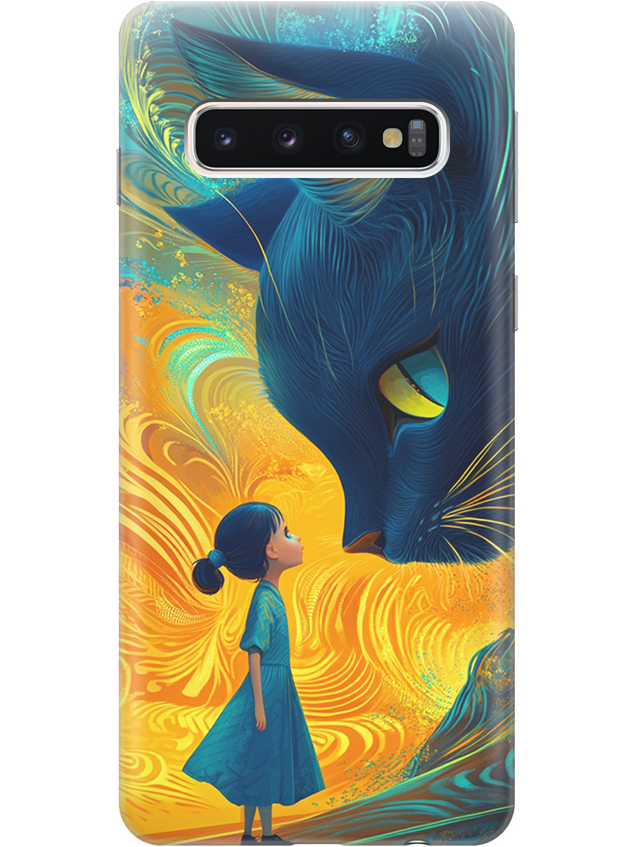 

Силиконовый чехол на Samsung Galaxy S10 с принтом "Девочка и кот", Прозрачный;желтый;синий, 720461385