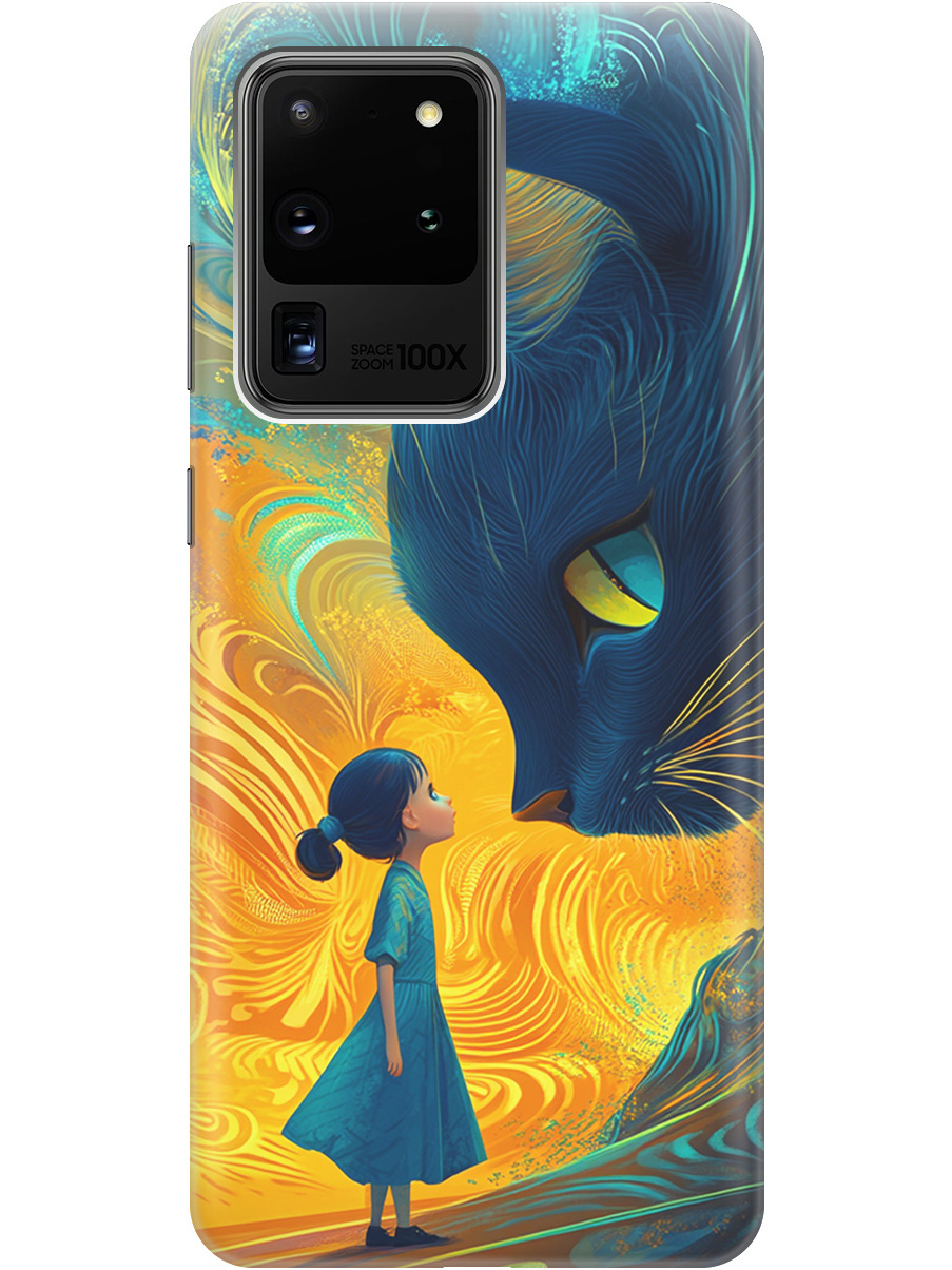 

Силиконовый чехол на Samsung Galaxy S20 Ultra с принтом "Девочка и кот", Прозрачный;желтый;синий, 722628685